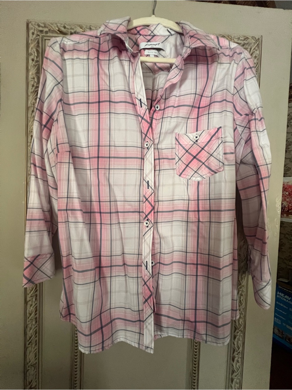 Foxcroft NYC Pink Plaid Wrinkle Free Button Up Shirt Size 18 Cotton